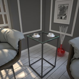 Hanah Home Mesa Auxiliar Antracita con Tapa de Cristal y Patas Metálicas, 35x62x35 cm